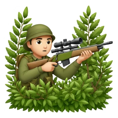 person sninping aiming with a long sniper in a big bush sticker