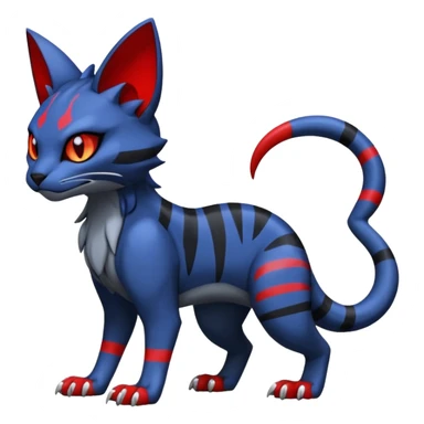 Vampiric scary spooky dark gloomy evil cute midnight blue-gray-black, with red markings, white belly, scaley scaly batty feline-like quadrupedal digitigrade furry feral Bastet-Noibat-Gatomon-Garchomp-Digimon-Fakémon-Pokémon-creature (full body) sticker