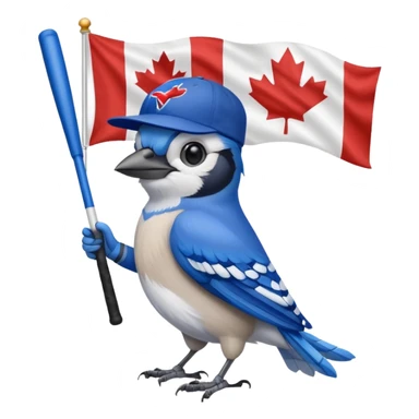 bluejay standing swinging bat with  toronto blue jays baseball hat and holding canadian flag
 sticker