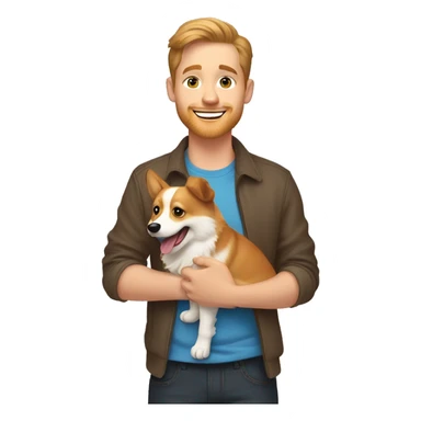 A guy with blue eyes and light brown hair is holding a corgi dog that smiles with his tongue sticking out sticker