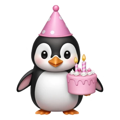 cute penguin  hold a pink birthday cake in both arms with pink birthday hat sticker