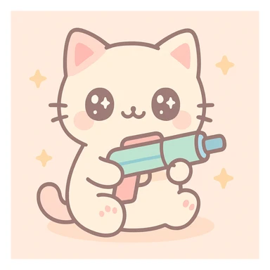 a cute cat with a toy gun, kawaii style sticker