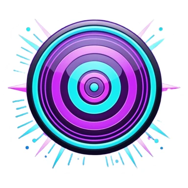 Futuristic glowing bullseye target emoji, neon purple and cyan holographic glow, dark background, digital tech style, abstract sparkles, no face. sticker