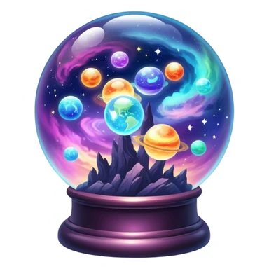 Tiny mystical mysterious sparkly cloudy magical glowing spherical nebula planets inside a glass globe dome sticker