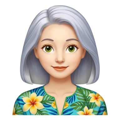 A woman with light complexion, an oval face with soft rounded features, full cheeks, gentle almond-shaped eyes with subtle smile lines, very long silver-gray hair parted to the side and styled loosely, wearing a vibrant tropical print blouse in blue, green, and yellow, exuding warmth and joy sticker