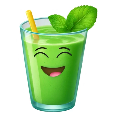 Generate a bright green smoothie emoji in a glass cup with a straw, decorated with a mint leaf and a smile. sticker