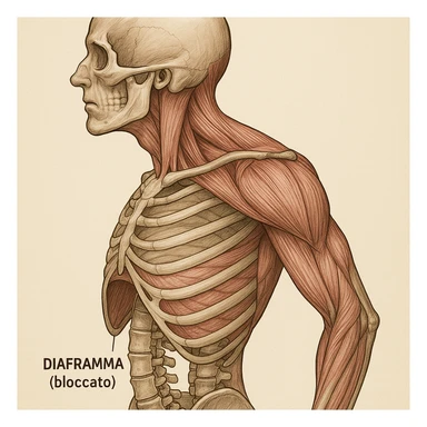 vista laterale del busto umano con diaframma bloccato, muscoli del trapezio e sternocleidomastoideo tesi, scapole evidenziate, didascalia in italiano sticker