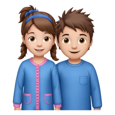 A toddler girl with brown hair with two pig tails, wearing pink pajamas and a bigger 4 year old boy with spikey brown hair, wearing blue pajamas. Both light skin and smiling.  sticker