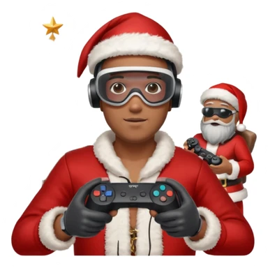 Homme photographe noir, week-end détente, équipé d’un appareil photo pro. Dans un décor Noël chaleureux, Père Noël à côté, sapin illuminé, lumières douces. L’homme porte un casque VR autour du cou ou sur la tête, et une manette PS 2025 dans la main libre. Ambiance festive, réaliste, couleurs nettes sticker