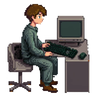 Young man sitting at an old school desktop computer with large monitor and keyboard sticker