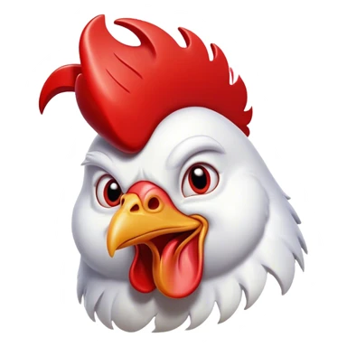 Cinematic Comical White Rooster Portrait Emoji, Head tilted dramatically with an exaggeratedly shocked or amused expression, featuring a striking pure white plumage with a bold red comb, wide, expressive eyes filled with playful disbelief, Simplified yet hilariously expressive features, highly detailed, glowing with a slightly sassy glow, high shine, dramatic yet playful, stylized with an air of cheeky mischief, bright and endearing, soft glowing outline, capturing the essence of a spirited and over-the-top rooster, so meme-worthy it feels like it could crow its way into internet fame instantly! sticker
