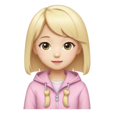 Cute kawaii emoji-style Japanese K-pop girl, blonde hair, trendy K-pop outfit with Japanese cute fashion vibes, big sparkling eyes, chibi proportions, clean lineart, pastel colors, cheerful idol smile, sticker/emoji style, transparent background sticker