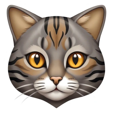 Cinematic Noble Grey and Black Brown Tabby Cat Portrait Emoji, Poised and regal, with sleek grey-brown fur featuring bold black tabby stripes and a distinct M-shaped marking on the forehead, bright amber eyes, Simplified yet sharp and sophisticated features, highly detailed, glowing with a soft, dignified glow, high shine, intelligent and graceful, stylized with an air of elegance, focused and attentive, soft glowing outline, capturing the essence of a watchful and refined feline, so majestic it feels as though it could glide across the screen with effortless confidence! sticker