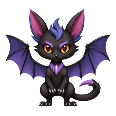 dark spooky badass cool shiny glossy smooth soft Black edgy Noivern-Noibat-Purloin-Torracat-Lykoi-Caracal-cat-Fakemon-fusion-hybrid-creature with bat wings on head as ears, big fangs, gothic markings sticker