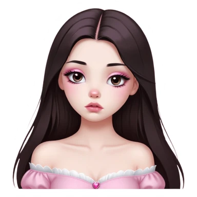 girl with white skin, dark brown long straight hair with middle part falling in front of her body, very big pouty extra shiny lips with absolutely no cupid's bow, big round shiny eyes with black eyeballs and huge eyelashes, no eyeshadow, pink blush on cheeks, lighter button nose, very long oval-shaped face, wearing a pink off-shoulder top, looking directly at camera with hands down at sides sticker