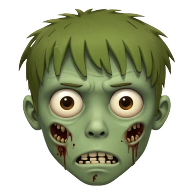zombie slim youthful face, messy brown fringe, muted green skin tone, tired heavy-lidded eyes with visible under-eye darkness, a neutral slightly bored expression, and an overall low-energy, sleep-deprived, mentally fried vibe, sticker