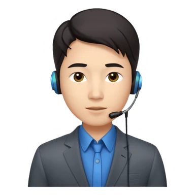 A young Asian man with smooth light skin, dark hair that swoops upward in the front, expressive eyes, a clean-shaven face, and a call-center style headset over one ear, usually paired with a crisp shirt and suit jacket visible from the chest up. sticker