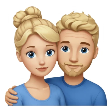 young couple hugging. white girl with blonde hair in a bun, and blue eyes. white man with wavy dark brown slightly curly hair, a goatee, brown eyes, and he has prominent cheek bonesand eyes.  sticker