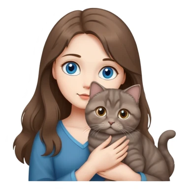 Girl with blue eyes and long brown hair holding a medium fluffy grey Scottish fold cat with folded ears sticker