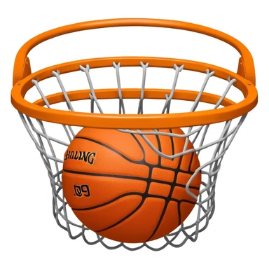 Orange Spalding basketball inside basketball net, viewed from below the hoop, minimalist design, iOS emoji style sticker