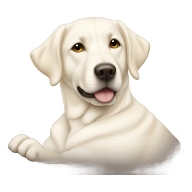 White lab dog cuddling with blonde sticker