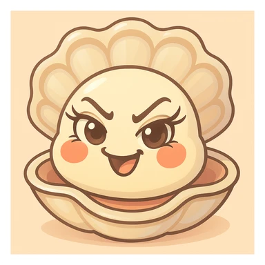 Enhance the oyster's eyes to be even more expressive and luminous with long, curved eyelashes. Maximize the pastel, pearly, cream, peach, and greige nuances. Keep the shell large and the oyster small. Maintain the pastel toon style, the background, and the mischievous expression. sticker