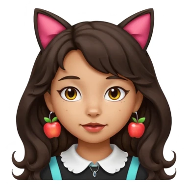 Remove the pink shirt so the character is only wearing a cute collar. Keep her medium Hispanic skin tone, long dark wavy hair, and cat ears without a headband. Maintain apple emoji style with transparent background. sticker