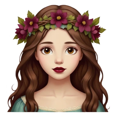 girl with long brown hair with flower crown, wine-colored lips, antique oil painting tones sticker