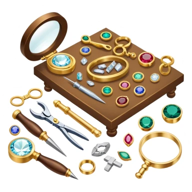 Create an icon that represents the art of jewelry making. The design should include a jeweler's workbench, tools like pliers, a magnifying glass, and various precious materials such as gemstones, gold, and silver. Feature a partially crafted piece of jewelry, like a ring or necklace, showcasing intricate details and craftsmanship. The composition should evoke elegance and precision, reflecting the skill and artistry of jewelry making. The background should be transparent. sticker