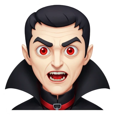 Nam 50 tuổi, mắt đỏ, da trắng, tóc ngắn màu đen,mồm mở rộng, có răng nanh, mặt hơi đáng sợ như ma cà rồng, áo măng tô cổ cao màu đen, nửa thân trên sticker