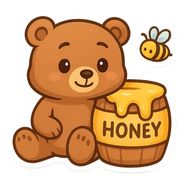Create a second version of the cartoon bear and honey barrel scene for a 'find the differences' game. Make three subtle changes: change the bear's expression slightly, alter the shape of the honey on the barrel, and move the bee to a different position. Keep the style and layout consistent with the original chibi stickers style. sticker