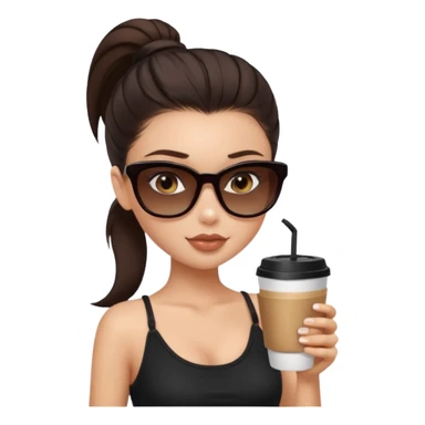generate a pretty fair bratz girl with dark brown eyes, dark brown eyes tied into a slick back ponytail, thin brown sunglasses. Wearing a black cami top and drinking coffee sticker