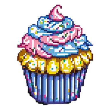 giant cupcake with pink icing and colorful sprinkles, striped cupcake wrapper, pixel art style sticker