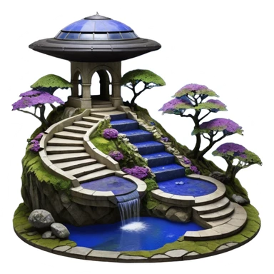 Crashed Alien saucer poolhouse jungle winding narrow stairway fountain lakeside mountainside -island getaway nighttime landscape antique mudman very old broken cracked intricate Stone Age lapis-crusted irregular dodecagon-shaped shallow dark moss rough bark violet serissa flowered maple tree bonsai sticker