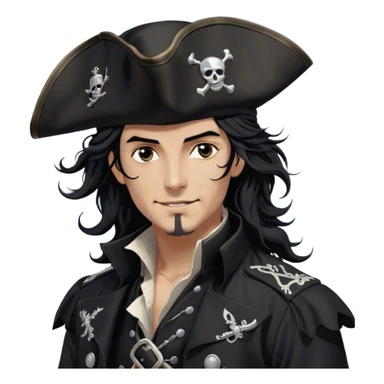 A charismatic pirate with wavy black hair tousled by the sea breeze. His black tricorn hat, embroidered with silver, casts a shadow over his confident features. Dark eyes glint with mischief as he gazes to the side, a knowing smile on his lips. His fitted black coat, adorned with silver buttons, sways in the wind, revealing glimpses of a deep-crimson waistcoat. A silver chain dangles from his belt sticker