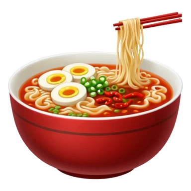 steaming ramen bowl with red broth and chili slices sticker
