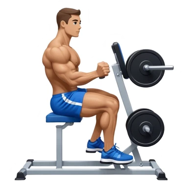 side-view bodybuilder in blue shorts seated weighted calf-raise machine on his tip toes sticker