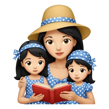 A black hair mother in a ribboned hat wearing polka dot dress reading a storybook to her child. sticker