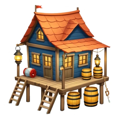 
fisherman house on a wooden pier, small dock, fishing nets hanging, barrels, lantern, ocean vibe, 3D cartoon, cute mobile game icon, clean background, no text
 sticker