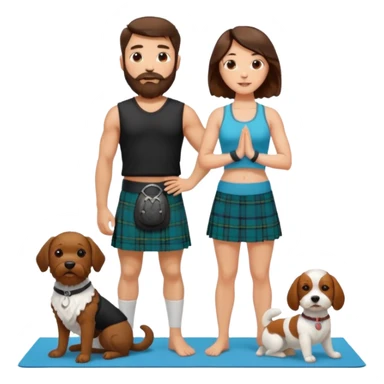emoji of brunette man with beard wearing kilt, brunette woman in yoga outfit and white cockapoo dog sticker