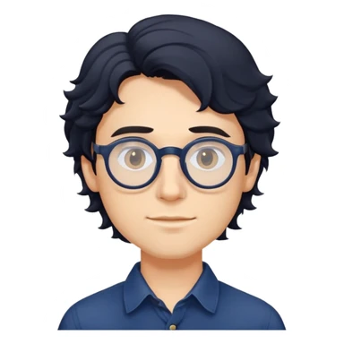 Upper body only of young caucasian man with longer wavy black hair, round glasses, wearing comfortable dark blue buttoned shirt sticker