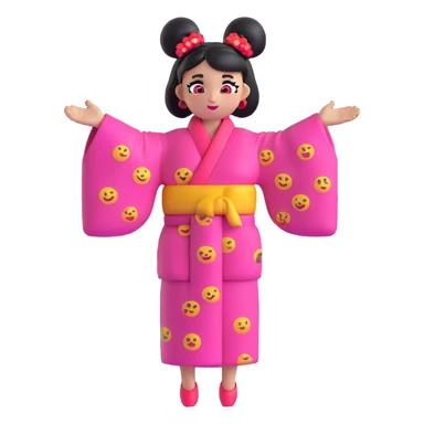 fun emoji character, two large black space buns, vibrant kimono-inspired dress in pink red and black, exaggerated sleeves, bright makeup, wide-eyed sassy expression, energetic pose sticker