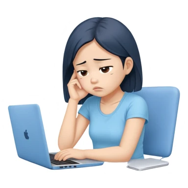 Create an emoji of a tired girl of Asian descent in a baby blue top, sitting at a laptop, looking exhausted and frustrated. They have slouched posture, representing overwork and burnout. sticker