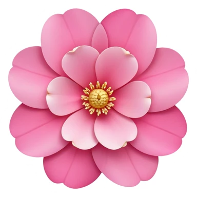camellia flower, flat design, 5 layered pink petals with soft gradient, golden stamen in center, minimal outline, clean circular shape, pastel colors sticker