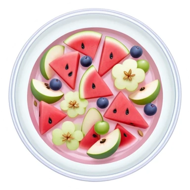 A clear glass bowl filled with light pink sweet liquid, floating slices of watermelon, pear, apple, grapes, pine nuts, and pastel flower petals on top, viewed from above sticker