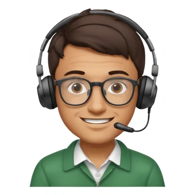 intelligent young Italian man, doing data analysis, wearing glasses, small headphones, smiling sticker
