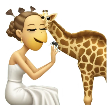 A giraffe kneeling down on one knee, proposing with a wedding ring to his girlfriend who is a fly sticker