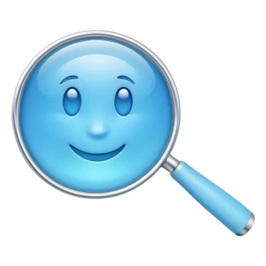 A 3D emoji-style magnifying glass, smooth rounded shapes, soft gradient blue ring, glossy plastic material, subtle highlights and reflections, simple minimal design, pastel blue color, slightly thick proportions, soft lighting, clean white background, modern emoji aesthetic, centered composition sticker
