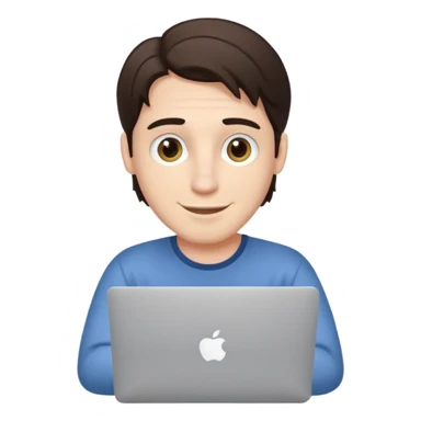 A white brunette man in his mid 20s, middle part average dude with slightly droopy eyes, happy, using a MacBook (no logo), hero for an iOS developers website sticker