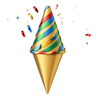 A small cone-shaped party popper tilted to the side, usually gold or yellow with diagonal stripes. It bursts open at the top, releasing colorful confetti and streamers in blue, red, yellow, or green. Represents celebrations, parties, excitement, or congratulations. sticker